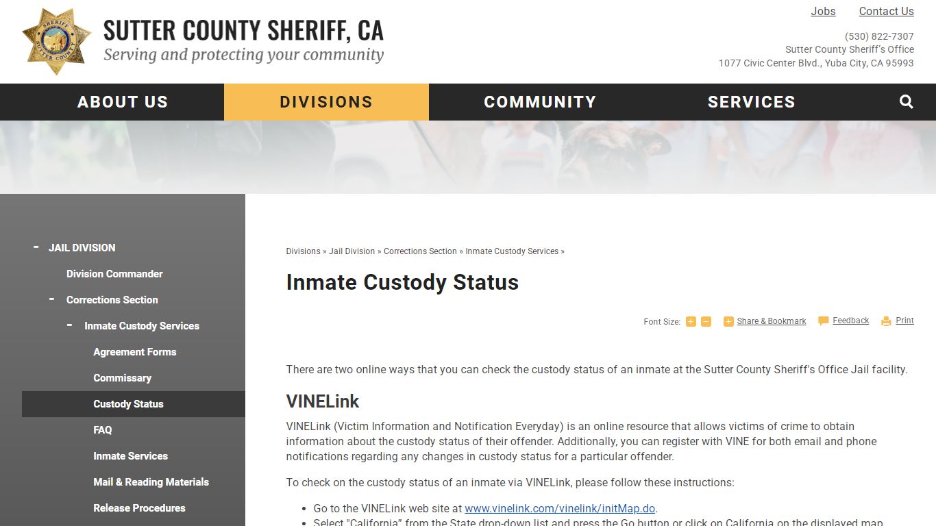 Inmate Custody Status | Sutter County Sheriff, CA